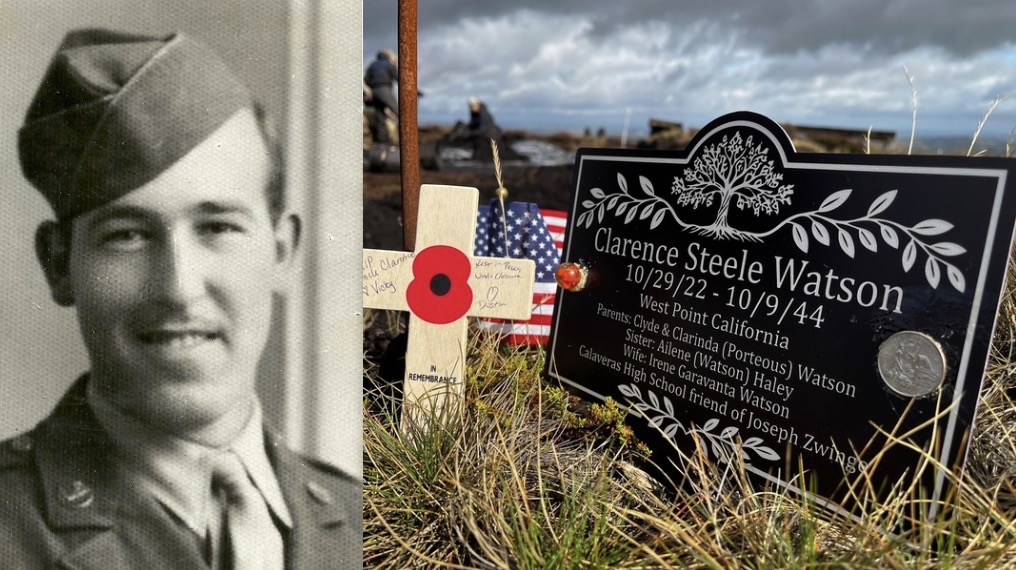 Black and white image of US airman alongside image of a plaque and memorial on the moor 