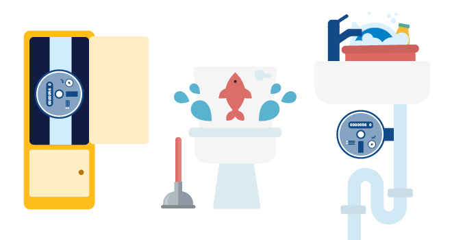 Illustration of a toilet, a water meter inside a unit and a water meter under a sink
