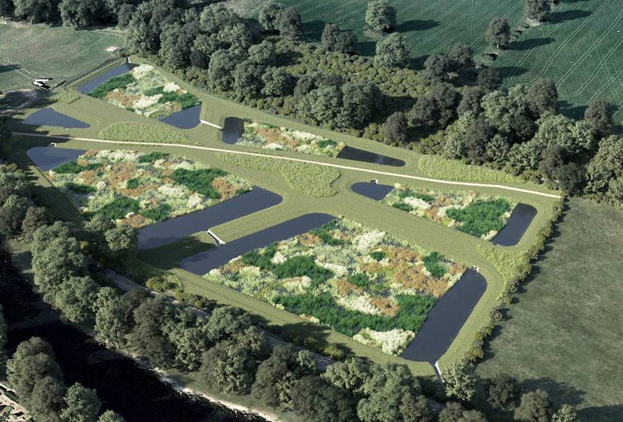 A digital design showing how the integrated constructed wetland will look in Ilkley. It shows six planted cells, or pools of water, which will help treat the final effluent from the sewage treatment works.