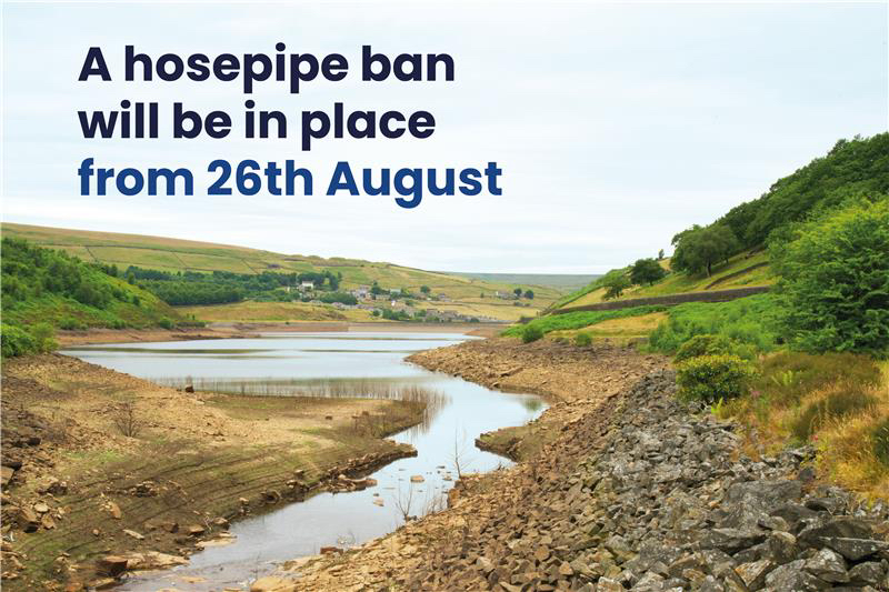 Picture of a dry reservoir with text announcing Yorkshire Water's hosepipe ban from 26th August