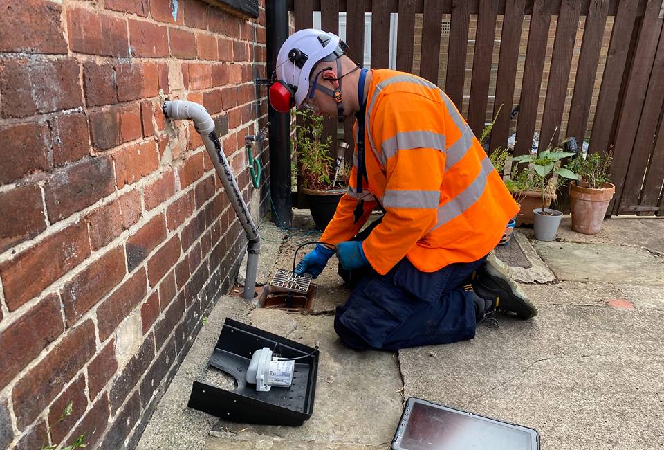 Sewer alarm being fitted at a property in Sheffield