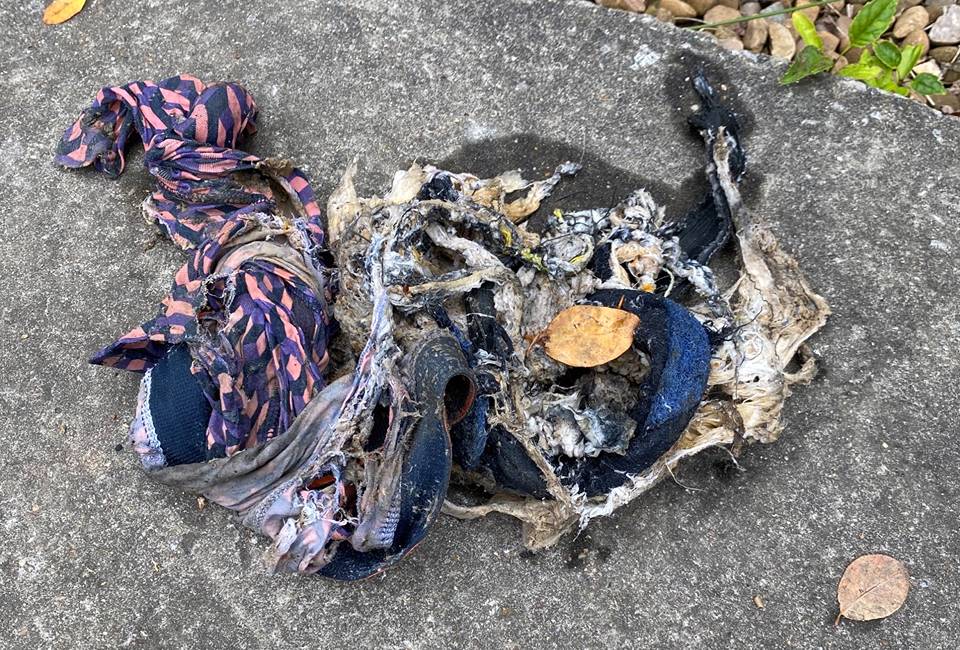 Pink and blue clothing removed from a sewage pumping station