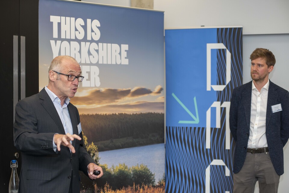 Mark Harrop, Senior Strategic Opportunities Director, Arcadis with Sam Bright, innovation programme manager, Yorkshire Water speaking at the launch event 