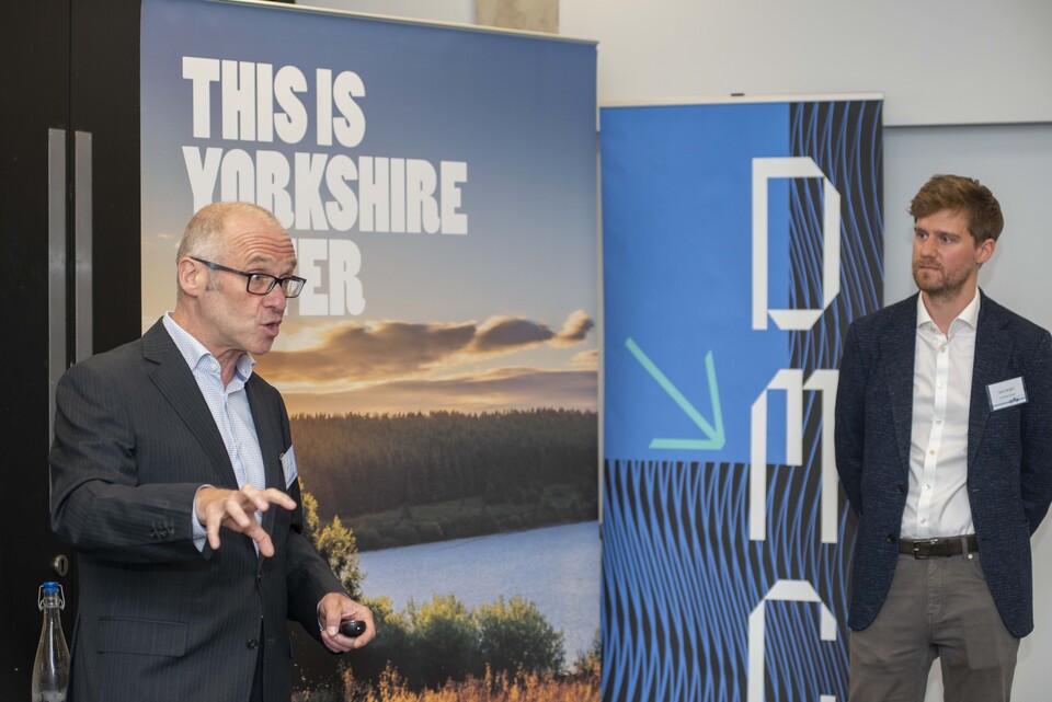 Mark Harrop, Senior Strategic Opportunities Director, Arcadis with Sam Bright, innovation programme manager, Yorkshire Water speaking at the launch event