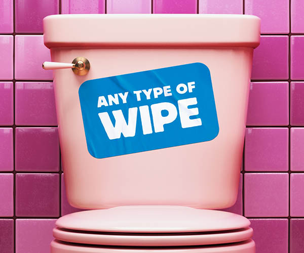 Toilet with a sticker that says any type of wipe