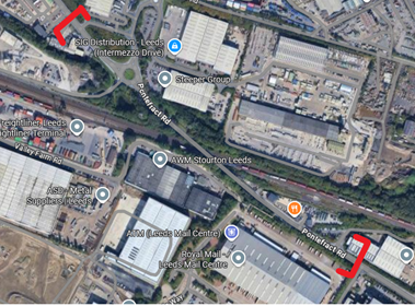 Map highlighting area of Pontefract Road from Nijinksy Way to Arla.