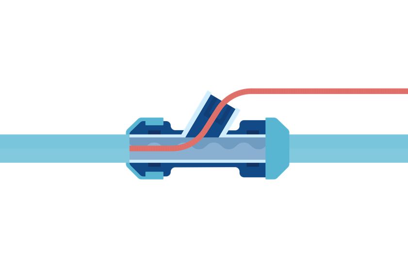An illustration of the water in fibre solution. The picture shows a fibre cable being fed into a water pipe via a valve fitting. 