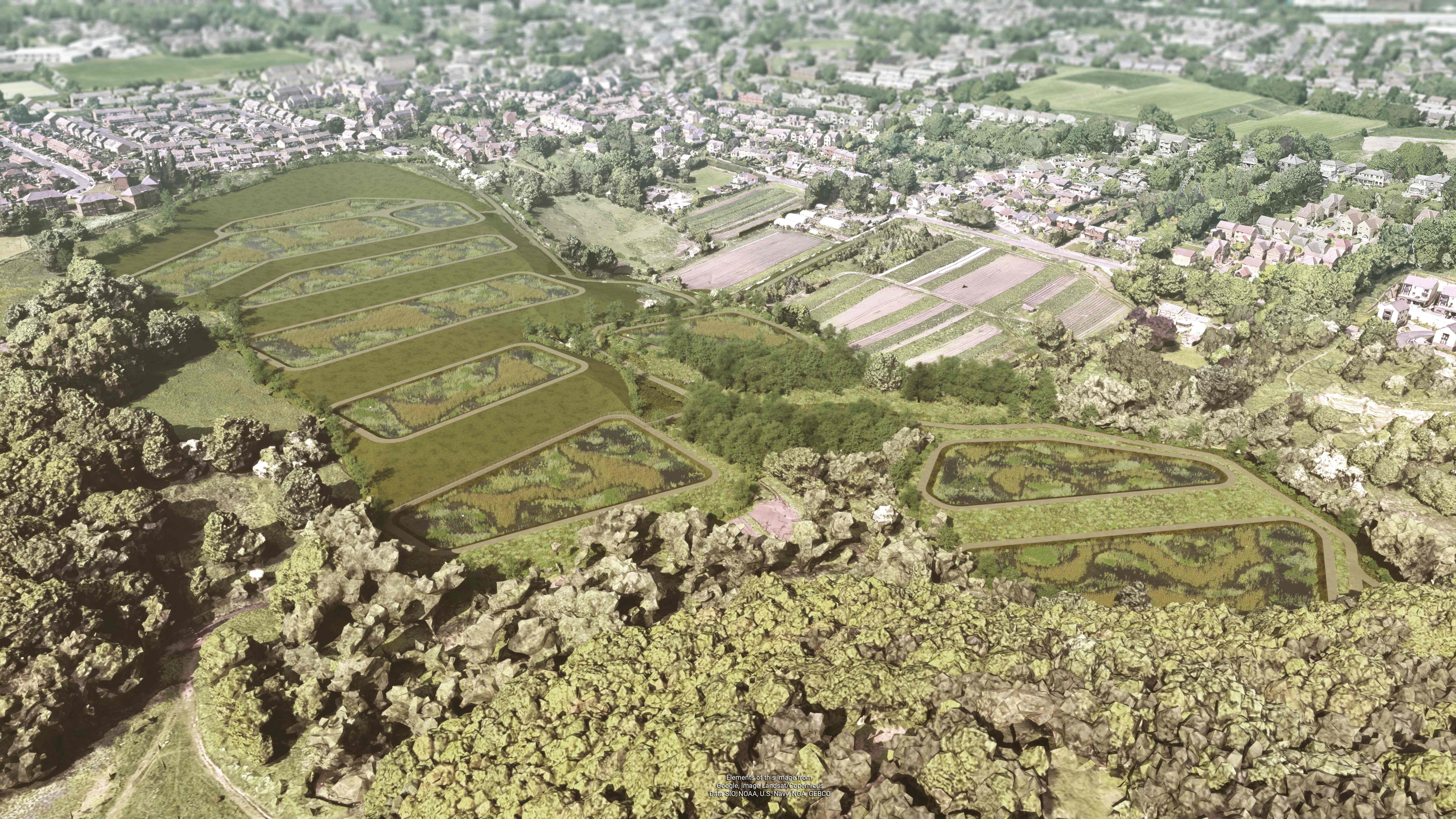 artist impression of wetland shot from high above showing wide green spaces and hillsides
