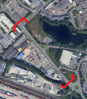Map highlighting area of Pontefract Road from Skelton Grange Road to the junction of Nijinksy Way.