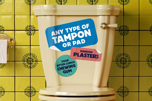 Toilet with stickers that say any type of tampon or pad, random plasters and your after-lunch chewing gum