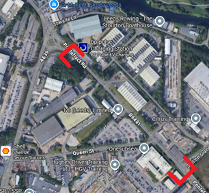 Map highlighting area of Pontefract Road from Skelton Grange Road to the junction of A638.