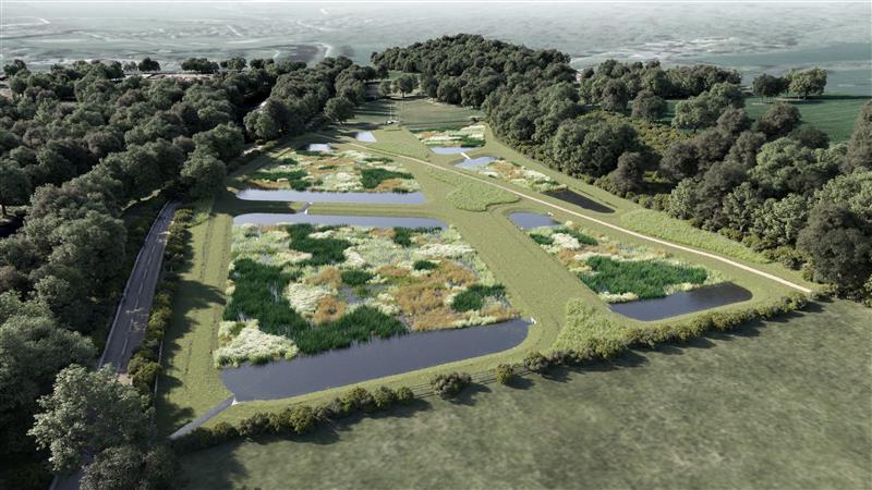 artists impression of aerial view of wetland featuring green fields and trees