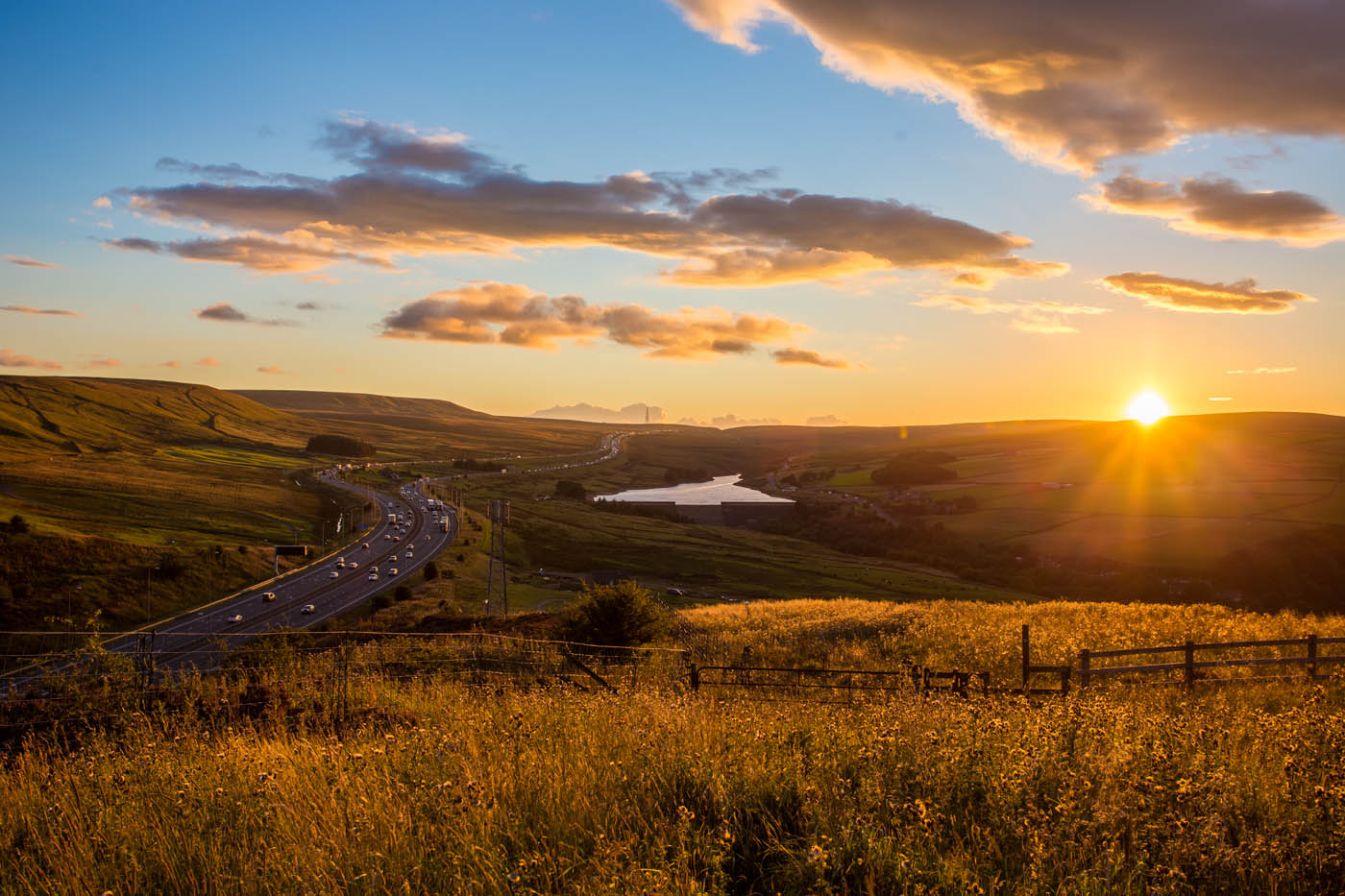 Sunset over reservoir