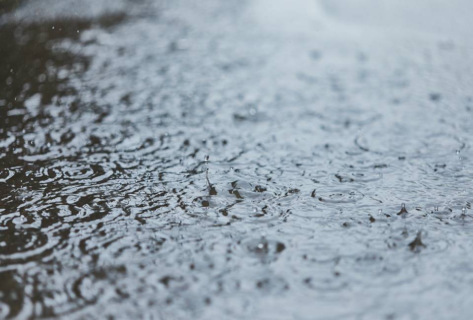 Raindrops falling in a puddle on the road