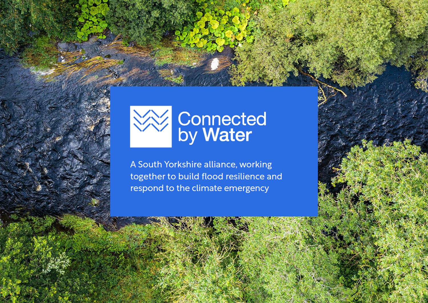 Trees and river with text on top. Text reads "Connected by Water. A South Yorkshire alliance, working together to build flood resilience and respond to the climate emergency."